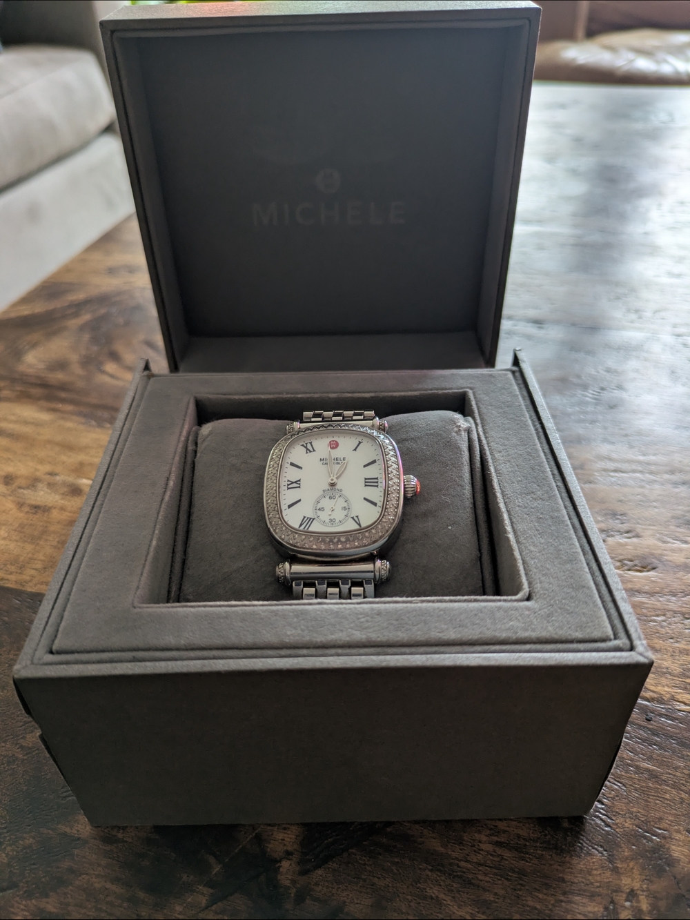 Michele Silver Tone Diamond Bezel Watch with White Dial